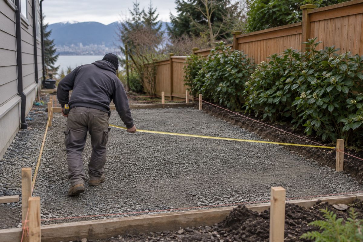 Worker measuring a staked-out slab area on a Vancouver side yard