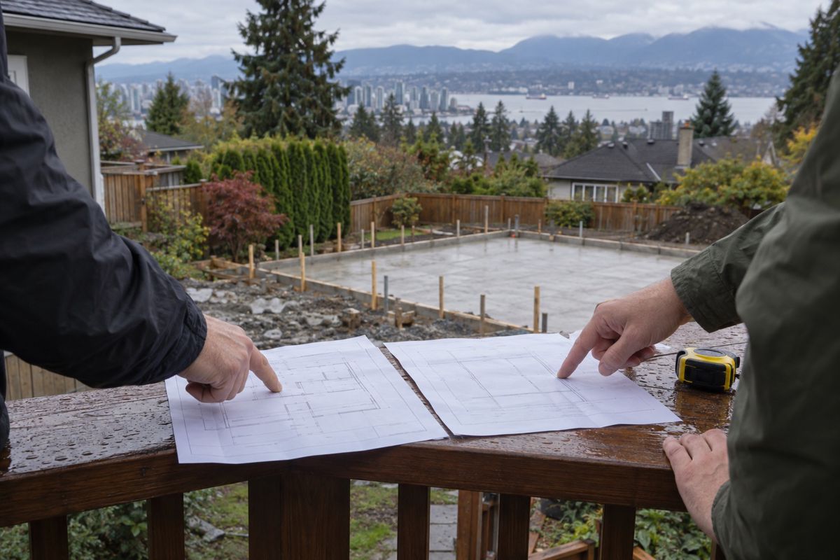 Two paper quotes and a tape measure on a deck rail beside a staked pad