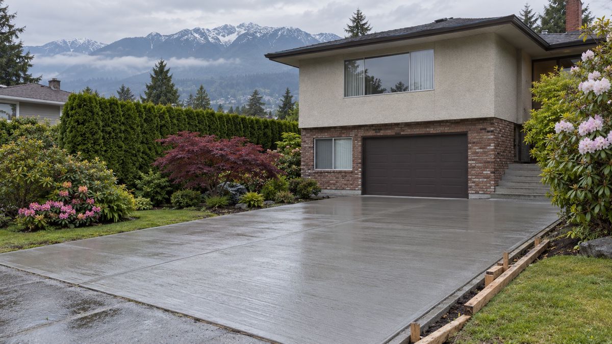 Fresh concrete driveway beside a Vancouver Special house under soft grey light