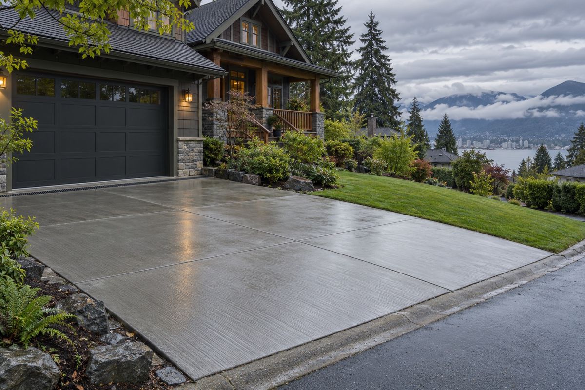 New broom-finished concrete driveway with control joints at a heritage Vancouver house