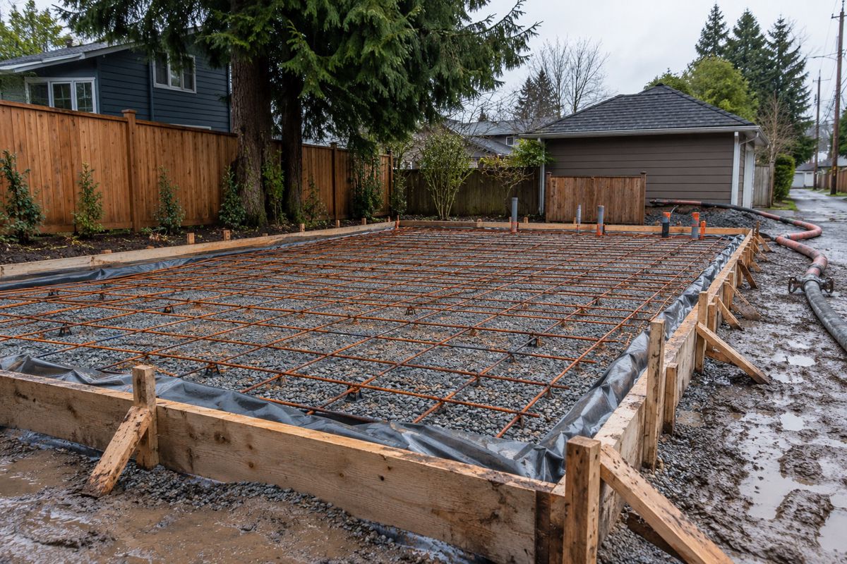 Rebar and forms set on a gravel base for a slab behind a Vancouver house