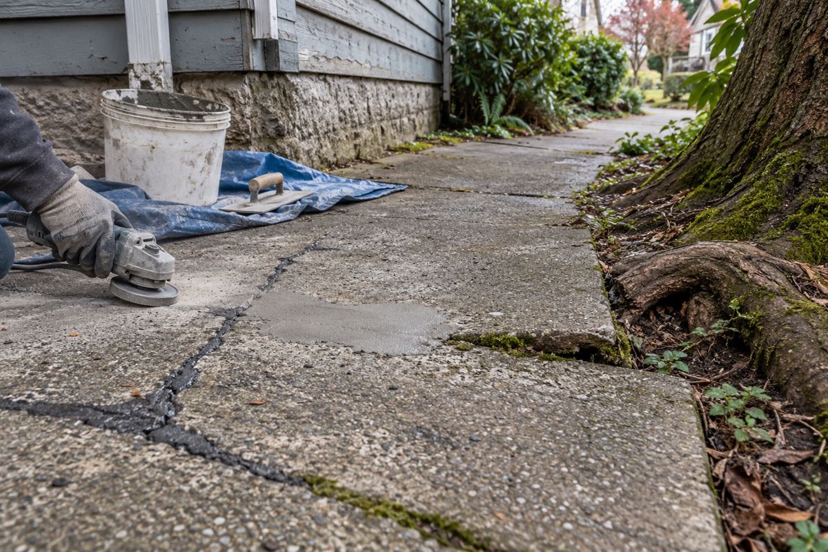 Cracked concrete walkway with a fresh repair patch beside an older Vancouver house