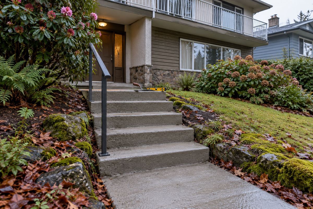 New concrete steps and front path up a sloped Vancouver front yard