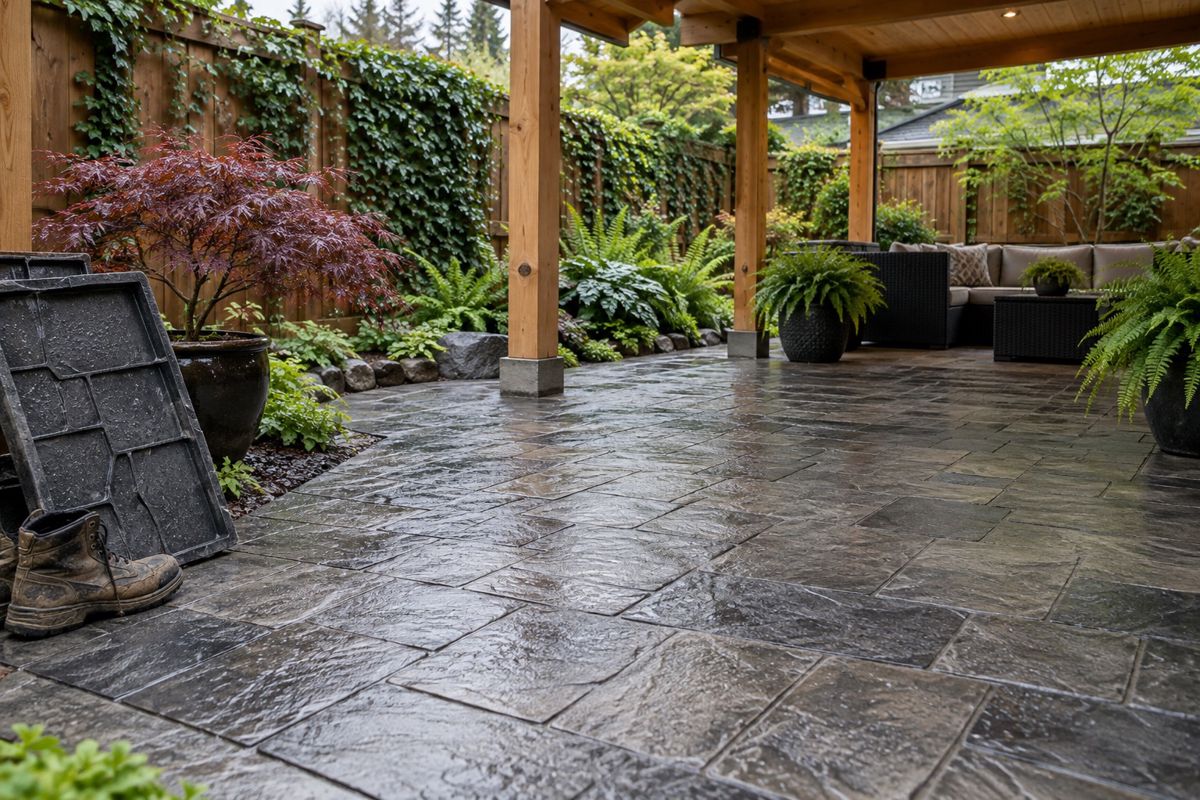 Slate-pattern stamped concrete patio in a small Vancouver backyard on a damp day